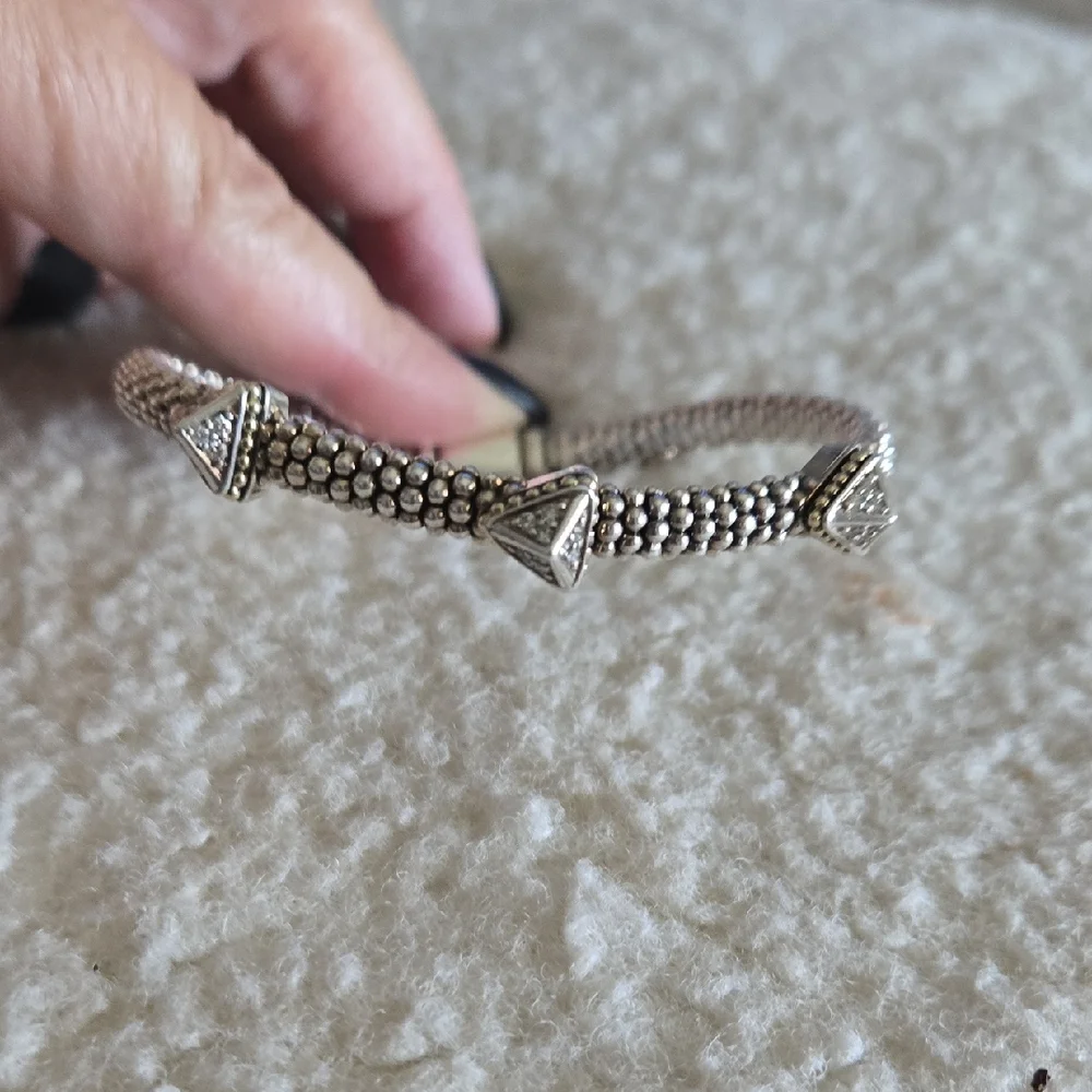 LAGOS Ksl Collection Pyramid Diamond 3 Station Silver & 18k Gold Bracelet .37 ct